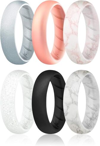 ROQ Silicone Rings for Women, Breathable Silicone Rings, Sets of 4 Bands, Unique Silicone Wedding Ring for Women, Medical Grade Silicone Rubber Band - Rose Gold, Marble, Silver Colors - Size 11 in Kuwait