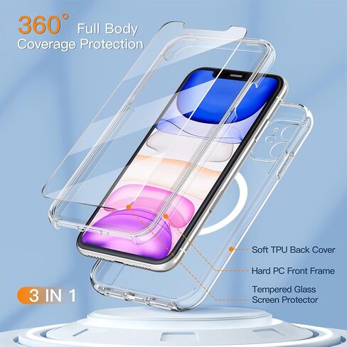 COOLQO for iPhone 11 Case Non-Yellowing Screen Protector + Camera Protection Dual-Layer Military Grade 17 FT Drop Shockproof Protection Phone Cover Clear in Kuwait