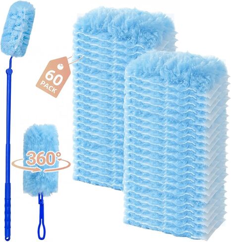 60 Count Heavy Duty Duster Refills for Swiffer Duster, 360° Double-Sided Electrostatic Dusting Pads with Upgraded Thick Fibers, 2 Handles Included, Disposable Microfiber Duster for Cleaning Home(Blue) in Kuwait