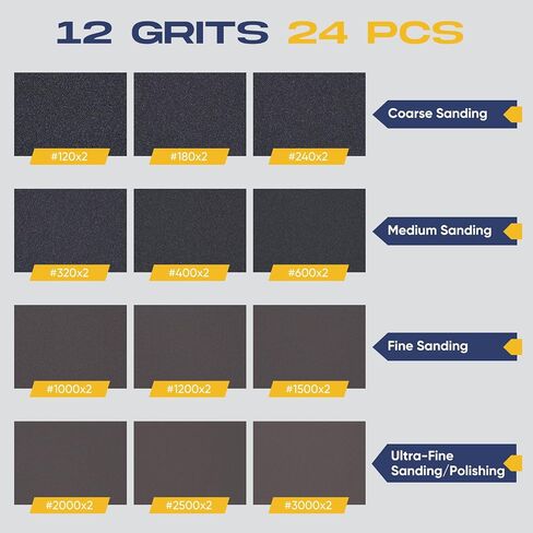 24 Pack Washable Reusable Sanding Sponge Set, 120-3000 Grit Fine Sandpaper Blocks for Wood/Metal/Auto, Wet Dry Sanding Block for Drywall & Furniture Polishing (3x4 Inch) in Kuwait