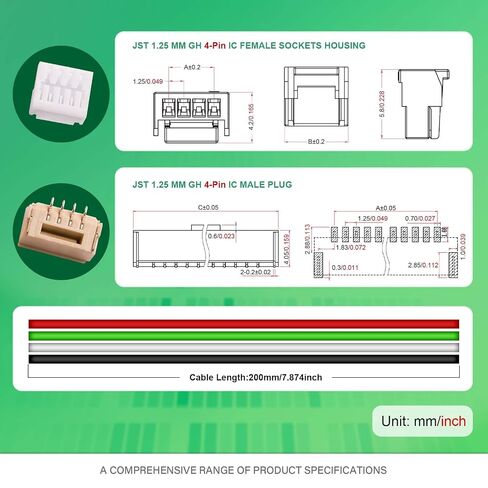 10 Sets/40 Pcs Mini Micro JST-GH-SMD-VHR 1.25mm 4-Pin 30AWG Silicone Cable Adapter Kit, Female Connector with Pre-Crimped Wire 20cm and IC Male Plug，for Robots Lighting LED Strip RC Hobby DIY in Kuwait