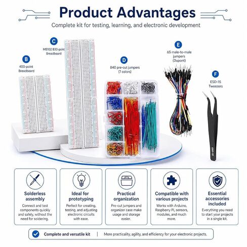 840Pcs Breadboard Jumper Wires Kit with 4 Solderless Breadboards, 14 Lengths 2-125mm Pre-Cut Flexible Connecting Cables & Storage Box for Arduino, Raspberry Pi, DIY Electronics Prototyping in Kuwait