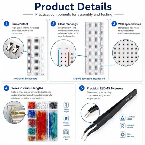 840Pcs Breadboard Jumper Wires Kit with 4 Solderless Breadboards, 14 Lengths 2-125mm Pre-Cut Flexible Connecting Cables & Storage Box for Arduino, Raspberry Pi, DIY Electronics Prototyping in Kuwait
