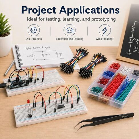 840Pcs Breadboard Jumper Wires Kit with 4 Solderless Breadboards, 14 Lengths 2-125mm Pre-Cut Flexible Connecting Cables & Storage Box for Arduino, Raspberry Pi, DIY Electronics Prototyping in Kuwait