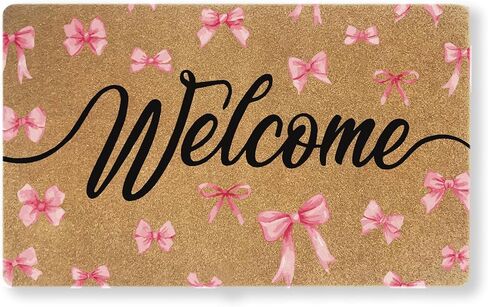 Welcome Pink Bow Door Mat | 30x17 in faux coir doormat with non-slip PVC backing, pink bow welcome rug for porch, patio or girly home decor. in Kuwait