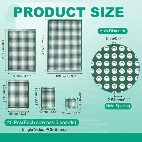 MECCANIXITY 20 قطعة من لوحات PCB أحادية الجانب، لوحة نماذج أولية للدوائر المطبوعة من الألياف الزجاجية FR-4، مجموعة نموذج أولي عالمي للاستخدام بنفسك، واللحام، والإلكترونيات، باللون الأخضر in Kuwait