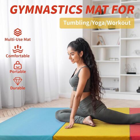 سجادة جمباز قابلة للطي مقاس 10.16 سم × 20.32 سم × 5.08 سم من Fitvids مع مقابض للحمل، بساط تمرين سميك لليوجا والبيلاتس وتمتد التمارين الرياضية الأساسية MMA، سجادة تدريب الصالة الرياضية المنزلية، ألوان متعددة in Kuwait