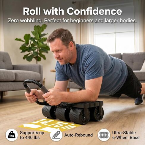 Ab Roller Wheel with Elbow Support, 6-Wheel Auto Rebound Ab Core Machine | 6 wheels, 8 Arm Pads, 440lbs Capacity, Auto Rebound, Phone Holder, Knee Pad, for Men Women Beginner Pro, Abs Workout Home Gym in Kuwait