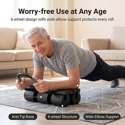 Ab Roller Wheel with Elbow Support, 6-Wheel Auto Rebound Ab Core Machine | 6 wheels, 8 Arm Pads, 440lbs Capacity, Auto Rebound, Phone Holder, Knee Pad, for Men Women Beginner Pro, Abs Workout Home Gym in Kuwait