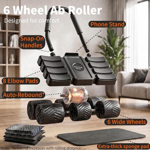 Ab Roller Wheel with Elbow Support, 6-Wheel Auto Rebound Ab Core Machine | 6 wheels, 8 Arm Pads, 440lbs Capacity, Auto Rebound, Phone Holder, Knee Pad, for Men Women Beginner Pro, Abs Workout Home Gym in Kuwait