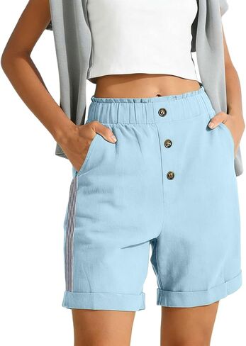 Women Button Bermuda Shorts Business Casual Summer Elastic Waist Travel Beach Shorts Vintage Roll Hem Short Pants in Kuwait