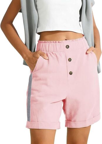 Women Button Bermuda Shorts Business Casual Summer Elastic Waist Travel Beach Shorts Vintage Roll Hem Short Pants in Kuwait