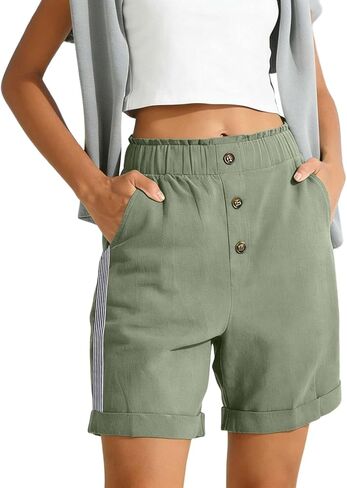 Women Button Bermuda Shorts Business Casual Summer Elastic Waist Travel Beach Shorts Vintage Roll Hem Short Pants in Kuwait