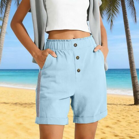 Women Button Bermuda Shorts Business Casual Summer Elastic Waist Travel Beach Shorts Vintage Roll Hem Short Pants in Kuwait