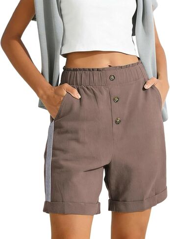 Women Button Bermuda Shorts Business Casual Summer Elastic Waist Travel Beach Shorts Vintage Roll Hem Short Pants in Kuwait