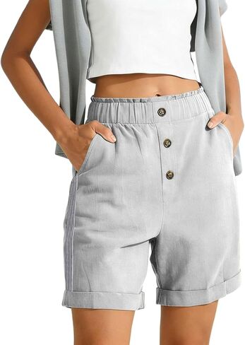 Women Button Bermuda Shorts Business Casual Summer Elastic Waist Travel Beach Shorts Vintage Roll Hem Short Pants in Kuwait
