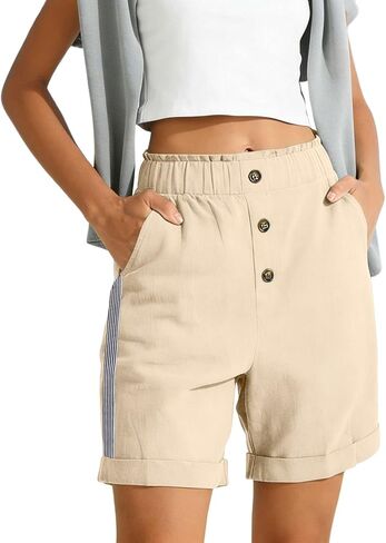 Women Button Bermuda Shorts Business Casual Summer Elastic Waist Travel Beach Shorts Vintage Roll Hem Short Pants in Kuwait