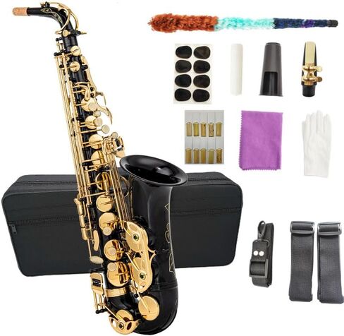 Direct supply by the manufacturer. Black gold/blue E-tuned mid-range saxophone for beginners and performers. Complete set of instruments for students to wear. (Blackish gold) in Kuwait