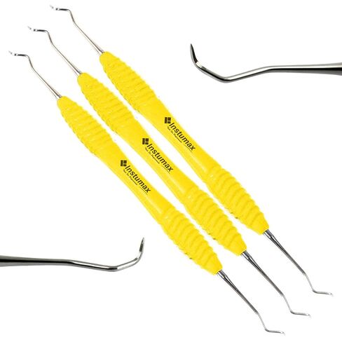 3Pcs Dental Sickle Scaler 204S - Professional Supragingival Calculus Removal Tool for Posterior Teeth - Silicone Rings Handle Yellow, Fine Point, Autoclavable - Hygienist & Dentist Supplies in Kuwait