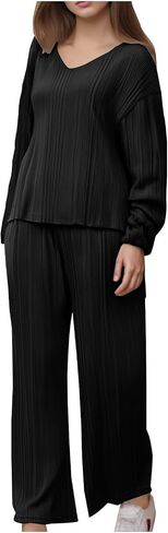 Womens 2 Piece Knitted Lounge Sets Comfy Soft Pajamas Long Sleeve V Neck Sweater Pullover Wide Leg Pants Comfy Set in Kuwait