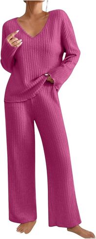Ribbed Knit Lounge Sets for Women 2 Piece Fall Casual Outfits Long Sleeve V Neck Sweater Pullover Wide Leg Pants in Kuwait