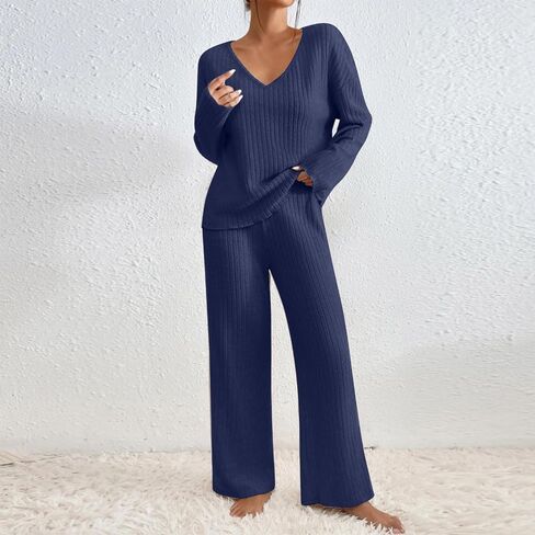 Ribbed Knit Lounge Sets for Women 2 Piece Fall Casual Outfits Long Sleeve V Neck Sweater Pullover Wide Leg Pants in Kuwait