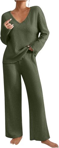 Ribbed Knit Lounge Sets for Women 2 Piece Fall Casual Outfits Long Sleeve V Neck Sweater Pullover Wide Leg Pants in Kuwait