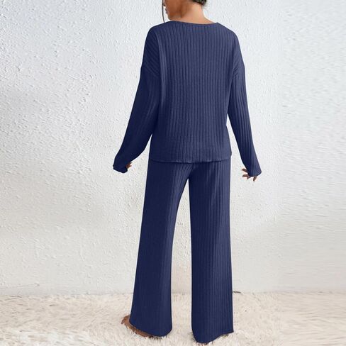 Ribbed Knit Lounge Sets for Women 2 Piece Fall Casual Outfits Long Sleeve V Neck Sweater Pullover Wide Leg Pants in Kuwait