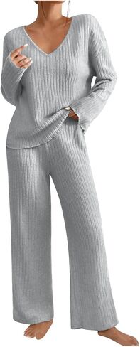 Ribbed Knit Lounge Sets for Women 2 Piece Fall Casual Outfits Long Sleeve V Neck Sweater Pullover Wide Leg Pants in Kuwait