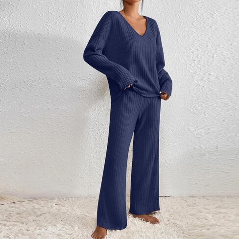 Ribbed Knit Lounge Sets for Women 2 Piece Fall Casual Outfits Long Sleeve V Neck Sweater Pullover Wide Leg Pants in Kuwait