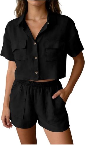 Vacation Outfits for Women Two Piece Summer Linen Sets Short Sleeve Button Down Crop Shirts & Shorts with Pockets in Kuwait