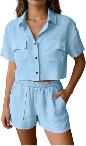 Vacation Outfits for Women Two Piece Summer Linen Sets Short Sleeve Button Down Crop Shirts & Shorts with Pockets in Kuwait