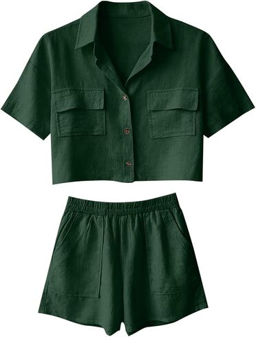 Vacation Outfits for Women Two Piece Summer Linen Sets Short Sleeve Button Down Crop Shirts & Shorts with Pockets in Kuwait