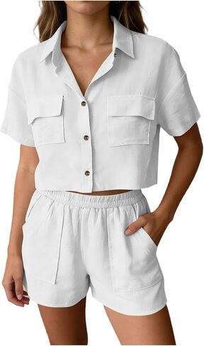 Vacation Outfits for Women Two Piece Summer Linen Sets Short Sleeve Button Down Crop Shirts & Shorts with Pockets in Kuwait