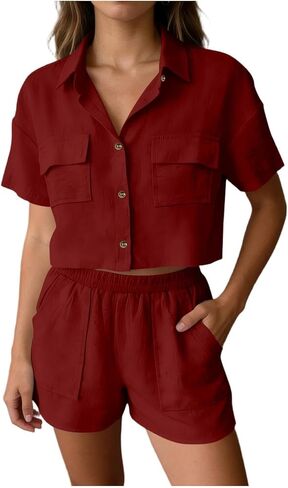 Vacation Outfits for Women Two Piece Summer Linen Sets Short Sleeve Button Down Crop Shirts & Shorts with Pockets in Kuwait