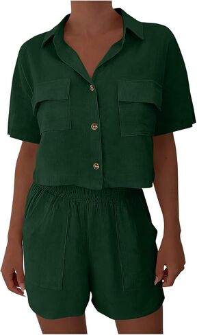 Vacation Outfits for Women Two Piece Summer Linen Sets Short Sleeve Button Down Crop Shirts & Shorts with Pockets in Kuwait