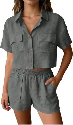 Vacation Outfits for Women Two Piece Summer Linen Sets Short Sleeve Button Down Crop Shirts & Shorts with Pockets in Kuwait