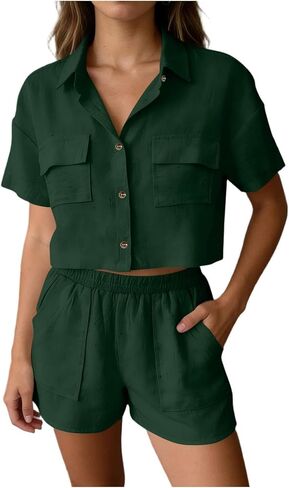 Vacation Outfits for Women Two Piece Summer Linen Sets Short Sleeve Button Down Crop Shirts & Shorts with Pockets in Kuwait