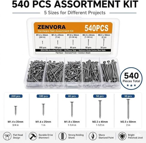540PCS Stainless Steel Nails Kit, Hanging Nails & Wall Nails Assortment, Finish Nails, Wood Nails， Furniture Repair, Woodworking in Kuwait