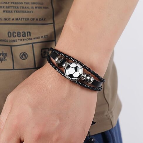 Soccer Bracelet for Fans, PU Leather Beaded Wristband, Adjustable Sports Bracelet, Football Fan Gift for Men Women Black White in Kuwait
