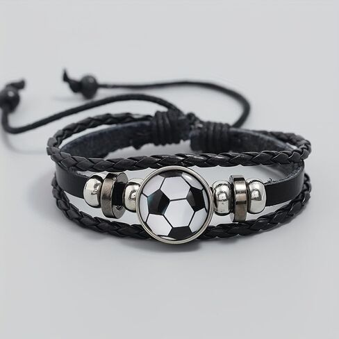 Soccer Bracelet for Fans, PU Leather Beaded Wristband, Adjustable Sports Bracelet, Football Fan Gift for Men Women Black White in Kuwait
