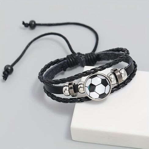 Soccer Bracelet for Fans, PU Leather Beaded Wristband, Adjustable Sports Bracelet, Football Fan Gift for Men Women Black White in Kuwait