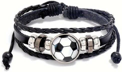Soccer Bracelet for Fans, PU Leather Beaded Wristband, Adjustable Sports Bracelet, Football Fan Gift for Men Women Black White in Kuwait