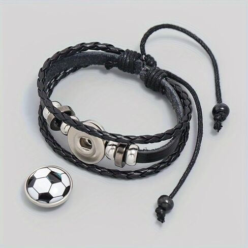 Soccer Bracelet for Fans, PU Leather Beaded Wristband, Adjustable Sports Bracelet, Football Fan Gift for Men Women Black White in Kuwait