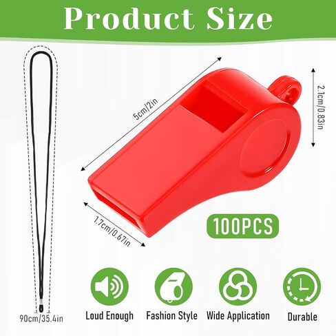 100 Pcs Coach Whistle with Lanyard, Plastic Red Emergency Whistle Bulk Loud Sound Sports Whistles for Referees Coaches Emergencies Athletes Training Outdoor Sports in Saudi Arabia