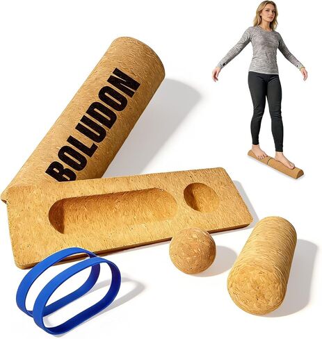 2026 NEW Balance Board Cork Half Roller Kit | Foot Balance Trainer & Ankle Strengthener for Stretch Massage Fascia Release | Cork Massage Ball Roller Resistance Bands | Portable Balance Training Set for Home Gym in Kuwait