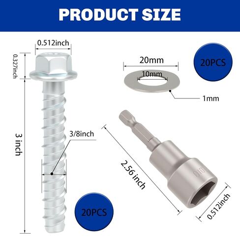 Galvanized Concrete Screws, 3/8" x 3" -20PCS Masonry Screws for Concrete, Hexagon Head Anchor Bolts for Concrete and Cement Blocks(Boxed with Socket and Washers) in Kuwait