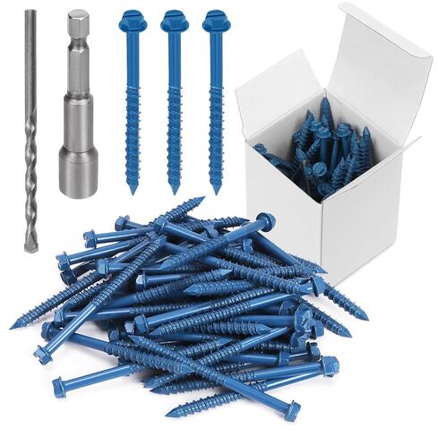Swpeet 52Pcs 1/4" x 3-1/4" Slotted Hex Washer Head Concrete Screws Anchor with Hex Bit Socket and Drill Bit Assortment Kit, Self Tapping Cement Screws for Anchoring to Masonry Block Brick Stucco in Kuwait