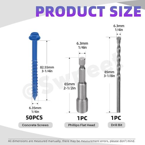 Swpeet 52Pcs 1/4" x 3-1/4" Slotted Hex Washer Head Concrete Screws Anchor with Hex Bit Socket and Drill Bit Assortment Kit, Self Tapping Cement Screws for Anchoring to Masonry Block Brick Stucco in Kuwait