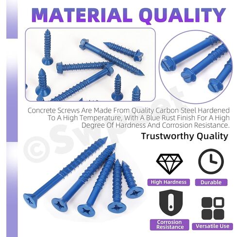 Swpeet 52Pcs 1/4" x 3-1/4" Slotted Hex Washer Head Concrete Screws Anchor with Hex Bit Socket and Drill Bit Assortment Kit, Self Tapping Cement Screws for Anchoring to Masonry Block Brick Stucco in Kuwait